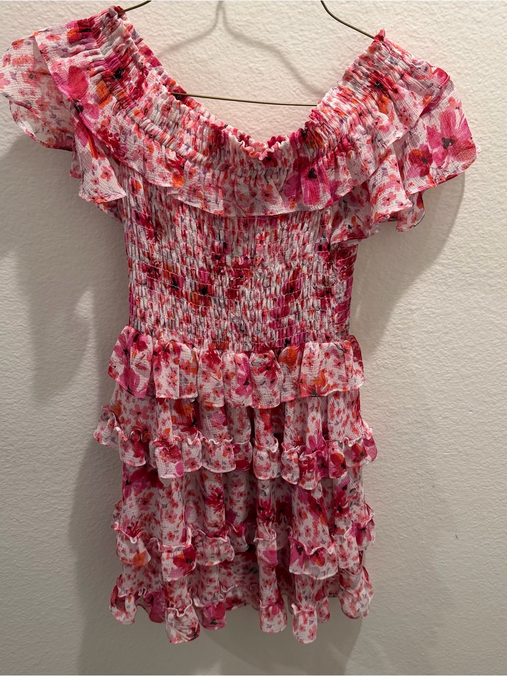 Misa Los Angeles Pink and Orange Floral Ruffle Off-Shoulder Tiered Dress